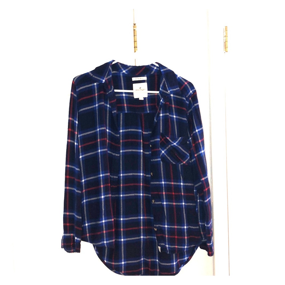 Blue, red, and white “boyfriend fit” flannel
